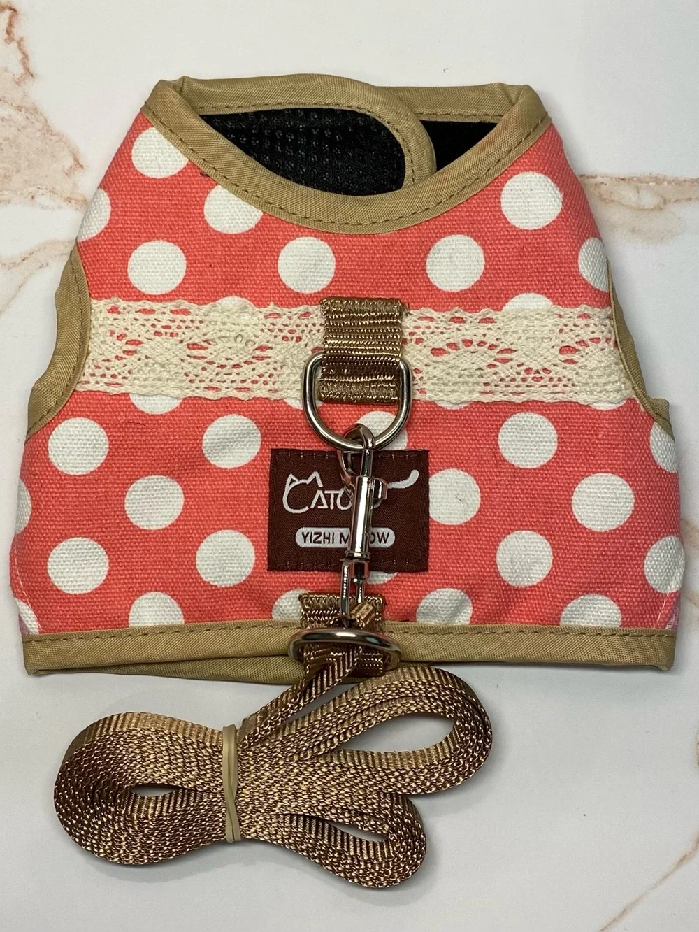 Pink Polka Dot Cat Padded Velcro Harness with Leash